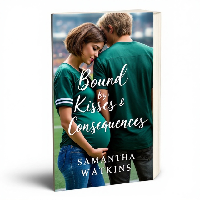 The cover features a close-up of a teenage girl with short hair, wearing jeans and a green jersey with a baby bump, standing next to a teenage boy with blonde hair, also wearing a green jersey. They are standing in a football stadium, with the girl leaning against the boy for support, conveying a sense of intimacy and vulnerability.