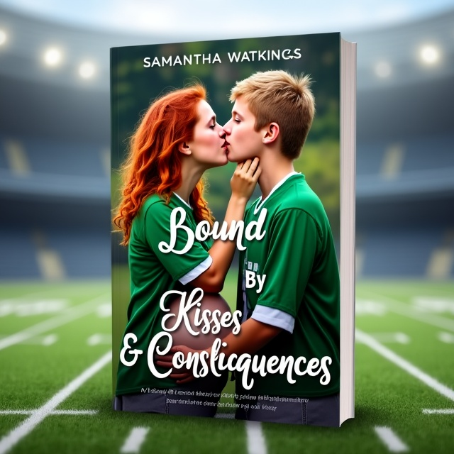 The cover features a teenage girl with wavy red hair and a baby bump, wearing a green jersey, passionately kissing a teenage boy with blonde hair, also wearing a green jersey. The backdrop is a football stadium, adding to the romantic and emotional atmosphere.