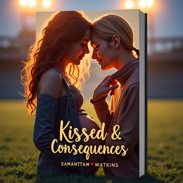 The cover features a close-up of a girl with wavy red hair, wearing fall clothing, and cradling her baby bump. She is standing on a football field, with a blonde guy in a football uniform leaning over a fence to kiss her. The scene is illuminated by the warm glow of stadium lights.