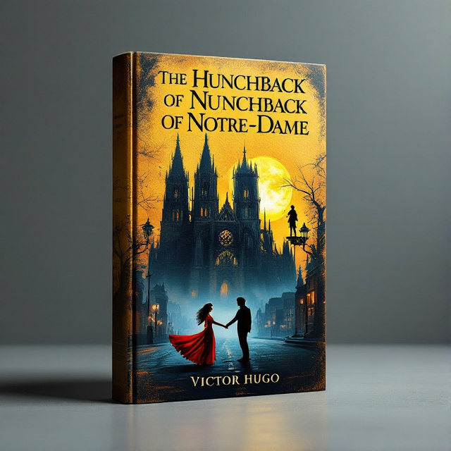 The cover features a warm gold background with a silhouette of Notre-Dame Cathedral in the center, surrounded by somber blue hues. Esmeralda is depicted in a vibrant red dress, dancing in the street, while Quasimodo's silhouette is shown in the bell tower, gazing down at her.