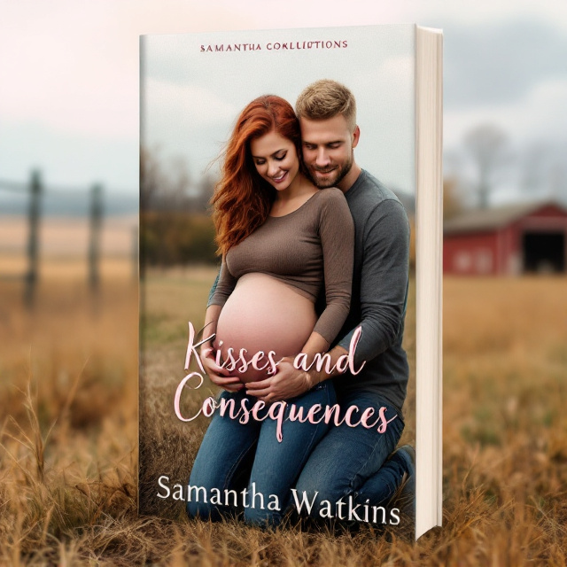 The cover features a girl with wavy red hair wearing jeans and a tight long sleeve shirt, cradling her baby bump. She is embraced by a blonde guy with short hair, on his knees, holding her hands. The scene is set against an open land with a barn and a fence in the background.