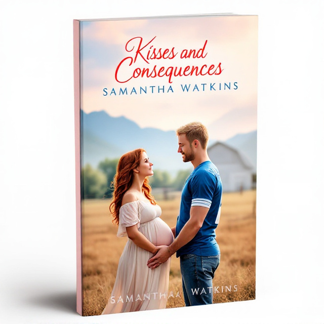 The cover features a pregnant girl with wavy red hair looking down at a guy with short blonde hair. They are standing in an open land with a barn, fence, and mountains in the background. The girl is wearing a flowing dress while the guy is wearing a blue football jersey with blue jeans. He is holding her hands and looking up at her lovingly.
