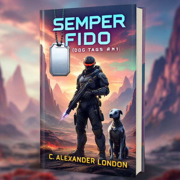 A futuristic soldier in full armor stands at the forefront of the cover, holding a laser rifle. Beside him, a sleek and metallic robot dog stands alertly. The background displays a stunning alien landscape, with towering mountains and a colorful sky. Large metallic dog tags with the book title hang prominently from the top of the cover.