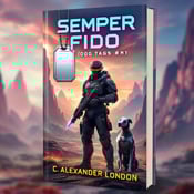 standing book mockup, Its title is "Semper Fido (Dog Tags #1)". Its author name is C. Alexander London.  A futuristic soldier in full armor stands at the forefront of the cover, holding a laser rifle. Beside him, a sleek and metallic robot dog stands alertly. The background displays a stunning alien landscape, with towering mountains and a colorful sky. Large metallic dog tags with the book title hang prominently from the top of the cover. The title "Semper Fido" is displayed in bold, futuristic font, with a metallic blue color that complements the overall theme. The author name "C. Alexander London" is displayed in a more elegant serif font, positioned below the title., The soldier and robot dog are positioned on the left side of the cover, taking up about two-thirds of the vertical space. The title and author name are positioned along the top and bottom edges, respectively, ensuring they are visible but not overpowering the main visual elements.
