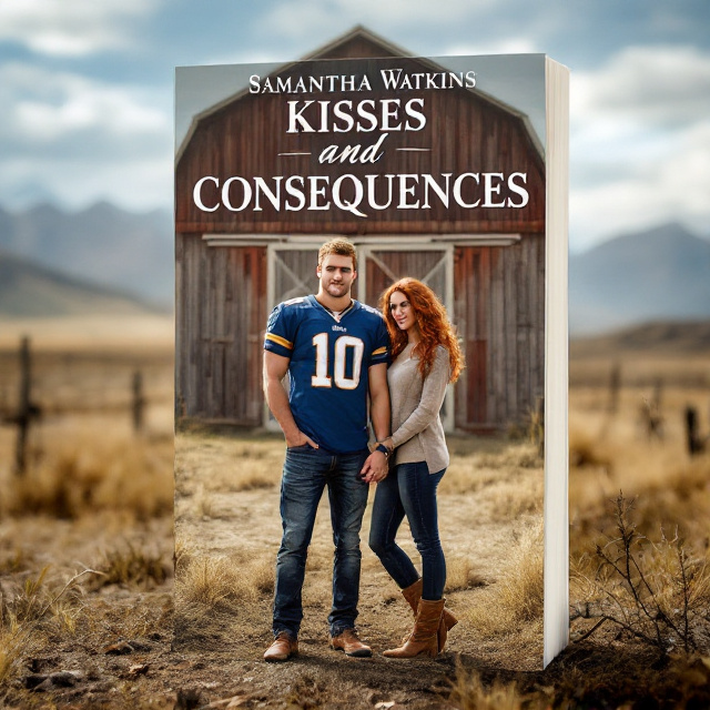 A couple standing in front of a rustic barn, surrounded by open land and mountains in the background. The guy is wearing a blue football jersey, jeans, and boots, with short blonde hair. The girl has wavy red hair, is wearing long sleeves, jeans, and boots.