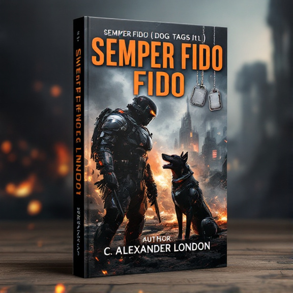 The cover features an armored soldier in the foreground, with a cyber-enhanced dog standing by his side. They are depicted in the middle of a fierce battle in a war-torn sci-fi city, with explosions and smoke filling the background. The title, "Semper Fido (Dog Tags #1)", hangs from the top of the cover as dog tags, adding a touch of symbolism to the design.