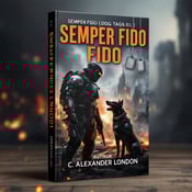 standing book mockup, Its title is "Semper Fido (Dog Tags #1)". Its author name is C. Alexander London.  The cover features an armored soldier in the foreground, with a cyber-enhanced dog standing by his side. They are depicted in the middle of a fierce battle in a war-torn sci-fi city, with explosions and smoke filling the background. The title, "Semper Fido (Dog Tags #1)", hangs from the top of the cover as dog tags, adding a touch of symbolism to the design. The title is displayed in bold, military-style font, highlighting the military and sci-fi aspects of the book. The author's name, C. Alexander London, is presented in a sleek and modern font, adding a touch of professionalism., The visual elements are arranged in a balanced and dynamic manner, with the soldier and dog taking center stage, surrounded by the chaos of the warzone. The title and author name are strategically placed at the top, ensuring they are easily readable.