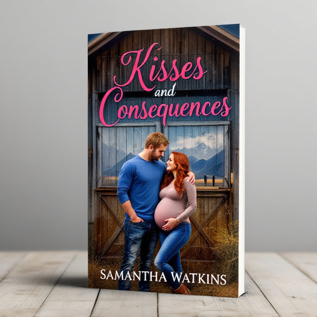 The cover features a couple standing in front of a rustic barn, set against a backdrop of mountains and open land. The guy has short blonde hair and is wearing a blue jersey, blue jeans, and boots. The pregnant girl has wavy red hair and is wearing long sleeves, jeans, and boots.