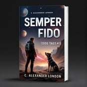 standing book mockup, Its title is "Semper Fido (Dog Tags #1)". Its author name is C. Alexander London.  The cover features a dynamic scene with an explorer in futuristic gear and a bio-enhanced dog standing on an uncharted, alien terrain. The explorer is holding a laser weapon, while the dog is looking alertly at something in the distance. Behind them, there are planets and stars to convey the sci-fi element of the book. The title is displayed prominently in silver dog tags, with the subtitle "Dog Tags #1" below it. The title and subtitle are displayed in a bold, futuristic font that complements the theme of the book. The author's name is written in a more elegant font, positioned at the bottom of the cover., The explorer and dog are positioned towards the left side of the cover, with the uncharted terrain stretching out towards the right side. The title and subtitle are centered above them, and the author's name is aligned to the bottom right corner.