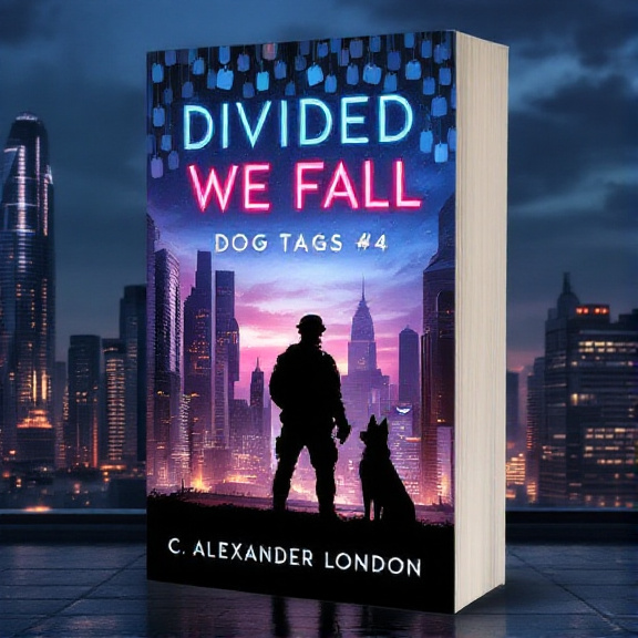 standing book mockup, Its title is "Divided We Fall (Dog Tags #4)". Its author name is C. Alexander London.  The cover features a soldier and dog duo standing alert on a futuristic city rooftop at dusk. The cityscape behind them showcases tall, sleek buildings with vibrant lights. Dog tags are suspended in the sky, forming an arch overhead. The book title "Divided We Fall" is displayed in bold, futuristic font, with the subtitle "Dog Tags #4" in a smaller, sleek font below it. The author name "C. Alexander London" is placed prominently at the bottom of the cover., The soldier and dog duo are positioned on the left side of the cover, with the cityscape and dog tags spanning the rest of the cover space. The title, subtitle, and author name are arranged in a vertical alignment on the right side.