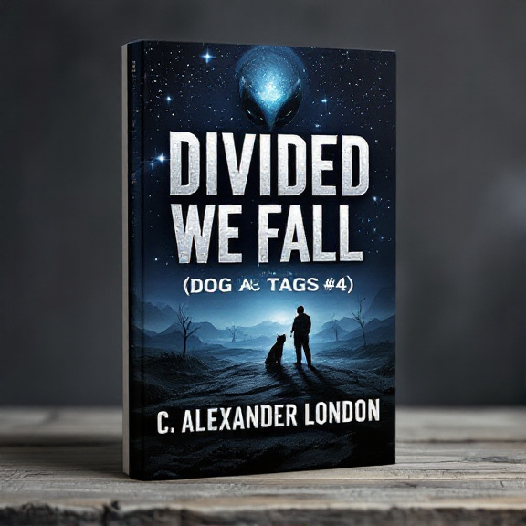 standing book mockup, Its title is "Divided We Fall (Dog Tags #4)". Its author name is C. Alexander London.  The cover features a mysterious alien landscape with a starry silver sky. In the foreground, dog tags are prominently displayed, slightly tilted to add a sense of movement. In the distance, silhouettes of a soldier and a dog can be seen, symbolizing camaraderie. The overall style is captivating and suspenseful, capturing the essence of the book's genre. The title "Divided We Fall" is displayed in bold silver letters, with a slightly distressed effect to add to the mystery. The series title "Dog Tags #4" is placed below in a smaller, clean font. The author's name "C. Alexander London" is placed at the bottom in a simple, elegant font., The visual elements are arranged in a balanced composition, with the dog tags and silhouettes creating diagonal lines that lead the viewer's eye towards the title. The author's name is placed at the bottom, allowing the main elements to take center stage.