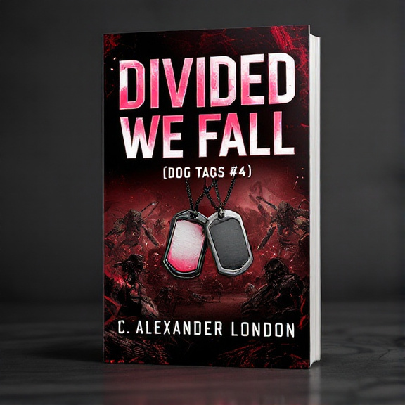 The cover features a futuristic battle scene with robotic enemies in the background. In the foreground, a pair of dog tags is prominently displayed, symbolizing the bravery and loyalty of the main character. The overall style is gritty and intense, with a dark red color scheme adding to the tension of the scene.