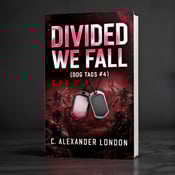 standing book mockup, Its title is "Divided We Fall (Dog Tags #4)". Its author name is C. Alexander London.  The cover features a futuristic battle scene with robotic enemies in the background. In the foreground, a pair of dog tags is prominently displayed, symbolizing the bravery and loyalty of the main character. The overall style is gritty and intense, with a dark red color scheme adding to the tension of the scene. The title "Divided We Fall" is bold and rugged, with a futuristic touch to reflect the science fiction genre. The author name "C. Alexander London" is displayed in a more elegant and streamlined font to create contrast., The title and author name are positioned at the top and bottom of the cover respectively, allowing the battle scene and dog tags to take center stage. The dog tags are placed slightly off-center, drawing attention to them.