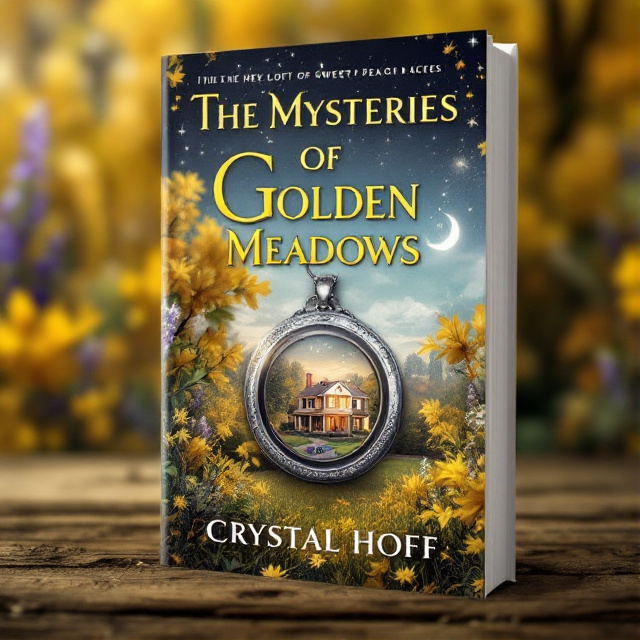 The cover features an illustration of a silver locket, surrounded by golden meadows and a nursing home in the background. The locket is placed in the hey loft of Sweet Peach Acres, symbolizing the mysteries that unfold within the story.