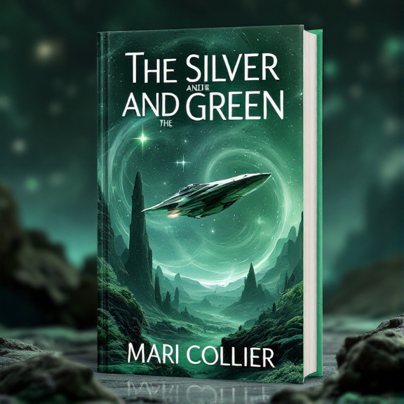 A spaceship hovering over an alien planet with swirling galaxies in the background. The spaceship is sleek and metallic, reflecting the emerald green color scheme. The alien planet is vibrant, with unique vegetation and rock formations.