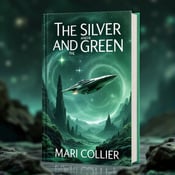 standing book mockup, Its title is "The Silver and the Green". Its author name is Mari Collier.  A spaceship hovering over an alien planet with swirling galaxies in the background. The spaceship is sleek and metallic, reflecting the emerald green color scheme. The alien planet is vibrant, with unique vegetation and rock formations. The book title "The Silver and the Green" is displayed in an elegant and futuristic font, with a silver metallic effect. The author name "Mari Collier" is placed below the title in a complementary font style., The book title and author name are positioned at the top of the cover, allowing the visual elements to take center stage. The spaceship is placed slightly off-center to create visual interest and draw the eye towards the alien planet.