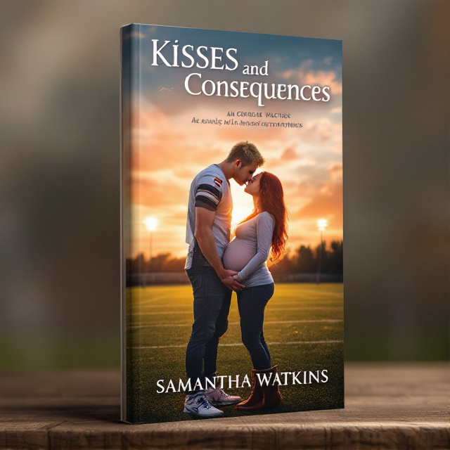 The cover features a short haired blonde guy in a football jersey and sneakers passionately kissing a pregnant red haired girl wearing long sleeves and boots. The couple is standing on a football field, with a sunset sky in the background.