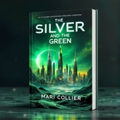 standing book mockup, Its title is "The Silver and the Green". Its author name is Mari Collier.  The cover features a futuristic cityscape on an alien planet, with tall neon structures reaching into a vibrant green sky. The planet surface is depicted with intricate details, giving a sense of adventure and exploration. The title "The Silver and the Green" is displayed in a bold, futuristic font, with a metallic silver color. The author's name, Mari Collier, is placed below in a more refined and elegant font, also in silver., The title is positioned at the top of the cover, spanning across the width, while the author's name is placed at the bottom right corner. The cityscape dominates the central part of the cover, capturing the reader's attention.