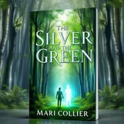 standing book mockup, Its title is "The Silver and the Green". Its author name is Mari Collier.  The cover features a dense forest in the background, with tall, silver trees and vibrant lime green foliage. Two holographic figures, one silver and one green, stand in the foreground, surrounded by ethereal light. The light filters through the trees, creating an otherworldly atmosphere. The book title, "The Silver and the Green," is written in a bold and elegant font, with silver metallic lettering. The author name, Mari Collier, is placed below the title in a smaller, clean font in lime green color., The title is centered at the top of the cover, while the author name is centered at the bottom. The holographic figures are positioned slightly off-center, creating a sense of intrigue and balance.
