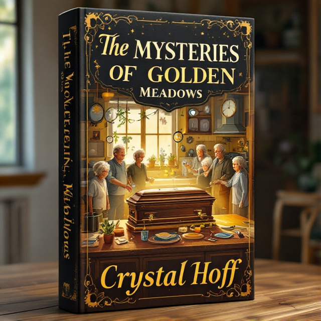 The cover features an illustration of a cozy kitchen with a casket placed on the counter. Surrounding the casket are various elements symbolizing mysteries and friendship, such as magnifying glasses, puzzle pieces, and a group of elderly friends. The overall style is a mix of realism and whimsy, with warm colors and intricate details.