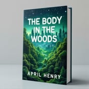 standing book mockup, Its title is "The Body in the Woods". Its author name is April Henry.  The cover features a sprawling futuristic city in the background, with tall skyscrapers and sleek, modern architecture. In the foreground, there is a green forest that has overgrown and intertwined with the city, symbolizing the clash of nature and technology. Above, a starry sky adds an element of mystery and intrigue. The book title "The Body in the Woods" is displayed in bold, futuristic font, with a slight glow effect to enhance the sci-fi atmosphere. The author's name "April Henry" is written in a more elegant, cursive font, adding a touch of sophistication., The title is placed at the top of the cover, spanning the width of the book, while the author's name is positioned at the bottom, but slightly off-center. This asymmetrical layout adds visual interest and dynamic energy to the design.