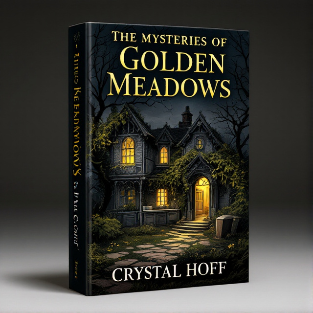 An illustration of an abandoned cottage with overgrown vines and a casket in the kitchen. The colors will be predominantly black and gold, with hints of green from the vines.
