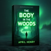 standing book mockup, Its title is "The Body in the Woods". Its author name is April Henry.  A mysterious silhouette stands alone in the foreground, with a vast alien planet landscape stretching out behind them. The sky is filled with glowing green auroras, creating an eerie and otherworldly atmosphere. The book title "The Body in the Woods" is written in bold, futuristic font, with a neon green color that matches the auroras. The author name "April Henry" is displayed in a more elegant and subdued font., The silhouette is placed slightly off-center, allowing the landscape and auroras to become the focal point. The title and author name are positioned in the top and bottom thirds of the cover respectively, ensuring they are easily readable.