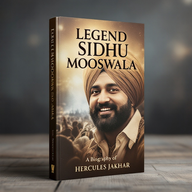 standing book mockup, Its title is "Legend Sidhu Moosewala". Its author name is Hercules Jakhar.  The cover features a close-up photograph of Sidhu Moosewala, the legendary singer, with a faded background image of a concert crowd. The title "Legend Sidhu Moosewala" is prominently displayed in bold, uppercase letters at the top of the cover. The author's name, "Hercules Jakhar," is positioned below the title in a smaller, elegant font. The title and author's name are both in a modern, sans-serif font that exudes confidence and strength. The subtitle "A Biography of" is placed below the author's name in a smaller, italicized font., The photograph of Sidhu Moosewala takes up the majority of the cover, with the title and author's name positioned above and below it. The subtitle is aligned to the left of the author's name.
