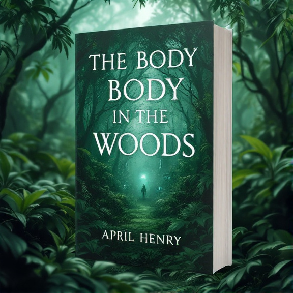 standing book mockup, Its title is "The Body in the Woods". Its author name is April Henry.  A dense jungle fills the background of the cover, with wisps of green mist enveloping the scene. Peeking out from the foliage are hidden futuristic structures, giving a sense of mystery and intrigue. The book title, "The Body in the Woods," is displayed in bold, uppercase letters towards the top of the cover, with a font that has a slightly distressed or worn look. The author's name, April Henry, is placed below the title in a more elegant script font., The title and author's name are positioned against the dense foliage of the jungle, allowing the elements to stand out. The hidden structures are strategically placed to create visual interest and draw the viewer's eye towards them.