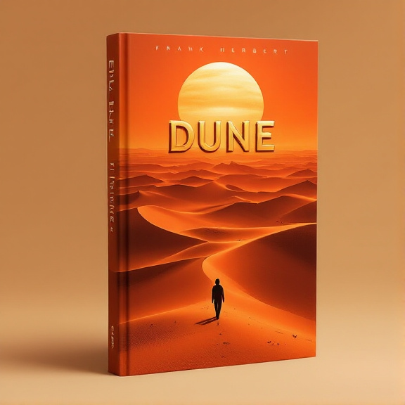 The cover features a stunning desert landscape with rolling dunes stretching as far as the eye can see. In the foreground, a lone figure is depicted, walking towards the horizon. The silhouette of the figure is dark against the vibrant orange sky. The sun is depicted as a massive, fiery orb in the upper portion of the cover.