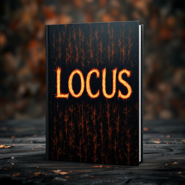 The cover features an aerial view of a haunting cornfield. The word "LOCUS" is burned into the field, creating an eerie and chilling effect.