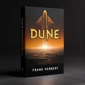 standing book mockup, Its title is "Dune (Movie Tie-In)". Its author name is Frank Herbert.  A towering spaceship dominates the upper half of the cover, with its sharp angles and sleek design creating a sense of intrigue and intensity. Below the spaceship, a barren planet stretches out, highlighting the contrasting shadows cast by the ship. Stars fill the background, adding to the space opera atmosphere. The book title "Dune" is displayed in bold, uppercase letters, with a slightly distorted and jagged font to evoke a sense of mystery and drama. The author's name "Frank Herbert" is placed below the title in a clean and elegant serif font., The spaceship is positioned at the top of the cover, slightly to the right, creating a diagonal line that leads the viewer's eye to the title and author's name below. The barren planet is placed at the bottom, balancing the composition.