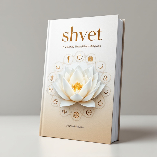 The cover features a central image of a white lotus flower, which symbolizes purity and enlightenment in various religions. Surrounding the lotus are smaller icons representing different religious symbols, such as the cross, crescent moon, Om symbol, Star of David, and more. The icons are arranged in a circular pattern, creating a sense of unity and harmony. The background is a gradient of white and brown, representing the connection between earth and spirituality.
