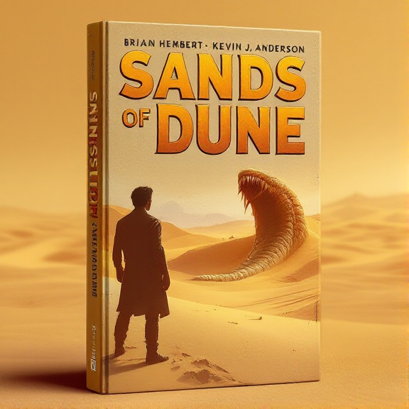 A vast desert landscape fills the background of the cover, with sand dunes stretching into the distance. A silhouette figure stands in the foreground, their back turned towards the viewer, looking out into the horizon. In the distance, a massive sandworm emerges from the sand, its jaws open wide.