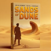 standing book mockup, Its title is "Sands of Dune". Its author name is Brian Herbert, Kevin J. Anderson.  A vast desert landscape fills the background of the cover, with sand dunes stretching into the distance. A silhouette figure stands in the foreground, their back turned towards the viewer, looking out into the horizon. In the distance, a massive sandworm emerges from the sand, its jaws open wide. The book title "Sands of Dune" is displayed in bold, burnt orange letters, with a slightly distressed texture. The author names "Brian Herbert, Kevin J. Anderson" are placed beneath the title in a smaller, more elegant font., The title and author names are positioned at the top third of the cover, allowing the visual elements to take center stage. The silhouette figure and sandworm are placed slightly off-center, creating a sense of movement and intrigue.