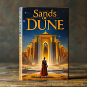 standing book mockup, Its title is "Sands of Dune". Its author name is Brian Herbert, Kevin J. Anderson.  The cover features a stunning image of an audacious warrior standing before the grand Imperial palace. The warrior is depicted in a courageous pose, ready to take on any challenges. The scene is set under a starlit sky, creating a sense of wonder and adventure. The book title "Sands of Dune" is displayed in bold, elegant font, with a subtle texture to add depth. The author names, Brian Herbert and Kevin J. Anderson, are placed at the bottom in a smaller, yet still legible, font., The warrior character is positioned at the center of the cover, with the Imperial palace towering behind him. The title and author names are strategically placed to maintain balance and readability.