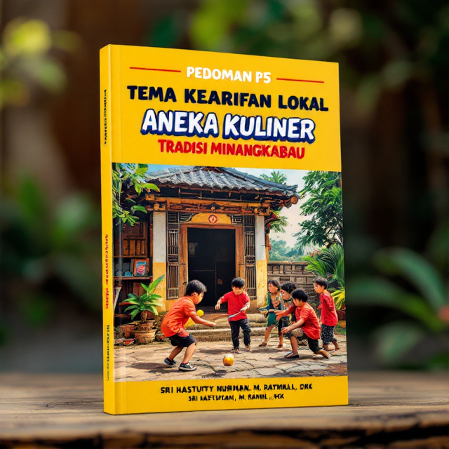 A vibrant and energetic scene featuring children and teenagers playing traditional Minangkabau games such as sipak rago, silek, main tali, main congklak, etc. in front of a rustic and authentic Minangkabau house.