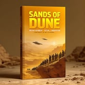 standing book mockup, Its title is "Sands of Dune". Its author name is Brian Herbert, Kevin J. Anderson.  A panoramic view of a distant planet with a golden yellow sky. On a rocky cliffside, Fremen warriors stand in a line, looking determined and ready for battle. In the sky, a spacecraft hovers, casting a shadow on the desert landscape below. Bold, futuristic font for the book title "Sands of Dune" in golden yellow. Author names "Brian Herbert" and "Kevin J. Anderson" in a contrasting font, placed below the title., The title is centered at the top of the cover, with the author names centered below. The visual elements are placed in the middle and bottom section of the cover.