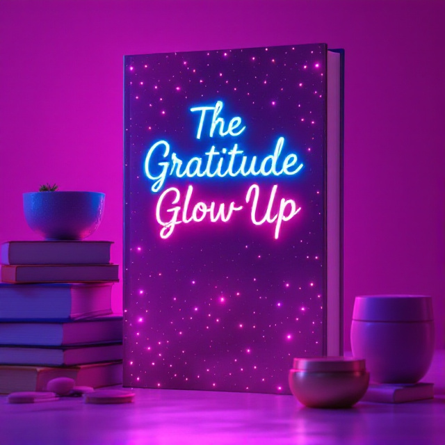 The cover features a vibrant background in shades of pink and purple. In the center, there is a glowing neon sign that reads "The Gratitude Glow Up" in bold, cursive letters. Surrounding the sign are various elements like a mirror with a reflection of a confident individual, a stack of books symbolizing personal growth, and a skincare product representing self-care.
