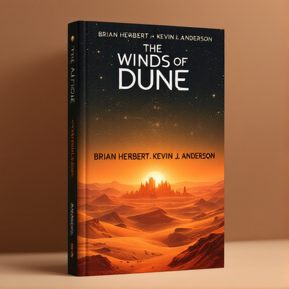 A sweeping desert landscape stretches across the cover, with a futuristic cityscape in the distance. The desert is bathed in a deep orange glow, highlighting the vastness and adventure of the setting. A starlit sky adds a touch of mystery and grandeur to the scene.