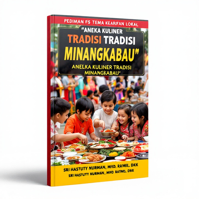The cover features a vibrant image of children cooking together, surrounded by traditional Minangkabau dishes. In the background, there is a colorful Bajamba Adat ceremony taking place. The title is displayed prominently at the top, with the author names below the image.