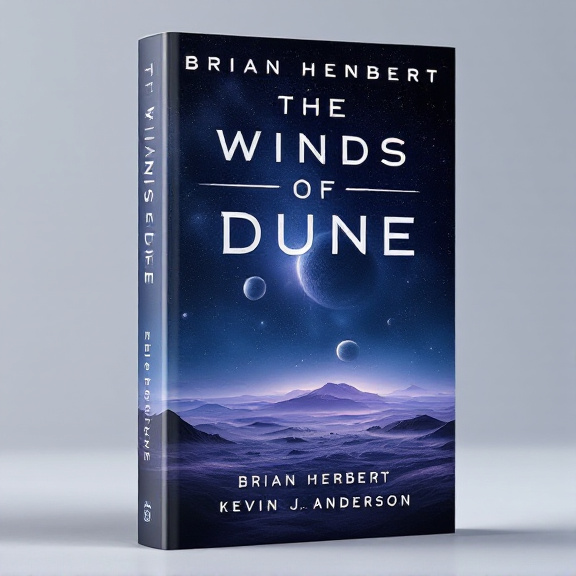 The cover features a large, open starry sky as the background, with multiple distant planets visible. The title, "The Winds of Dune," is placed prominently in the foreground, with a sleek, futuristic font. The author names, Brian Herbert and Kevin J. Anderson, are displayed beneath the title, in a smaller font size, to give them due recognition without overwhelming the main title. The colors used are predominantly navy blue, with hints of purple and silver to add depth and intrigue to the overall design.