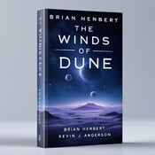 standing book mockup, Its title is "The Winds of Dune". Its author name is Brian Herbert, Kevin J. Anderson.  The cover features a large, open starry sky as the background, with multiple distant planets visible. The title, "The Winds of Dune," is placed prominently in the foreground, with a sleek, futuristic font. The author names, Brian Herbert and Kevin J. Anderson, are displayed beneath the title, in a smaller font size, to give them due recognition without overwhelming the main title. The colors used are predominantly navy blue, with hints of purple and silver to add depth and intrigue to the overall design. The title is displayed in a bold, sans-serif font that conveys a sense of grandeur and adventure. The author names are written in a clean, elegant font that complements the main title and adds a touch of professionalism., The title is placed at the top center of the cover, spanning the width of the book. The author names are aligned beneath the title, centered and slightly smaller in size. The background of the cover is filled with the starry sky, with the planets strategically placed to create a visually captivating scene.