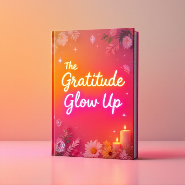 The cover features a vibrant background in a gradient of warm colors, transitioning from orange to pink. In the center, there is a glowing neon sign that reads "The Gratitude Glow Up" in a cursive font, emitting a soft inner glow. Surrounding the sign are elements like a sparkling diamond, a bouquet of flowers, and a lit candle, symbolizing self-care and glamour.