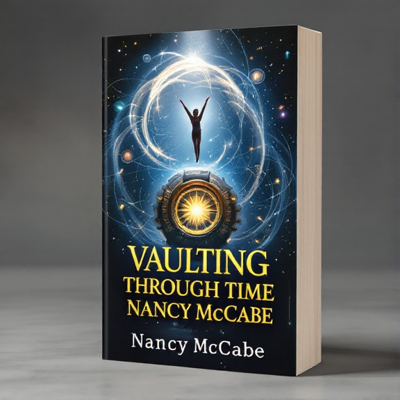 A gymnast is shown mid-vault, suspended in the air, with a time machine in the background. Swirling patterns representing time travel surround the gymnast and the time machine.