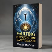 standing book mockup, Its title is "Vaulting Through Time". Its author name is Nancy McCabe.  A gymnast is shown mid-vault, suspended in the air, with a time machine in the background. Swirling patterns representing time travel surround the gymnast and the time machine. The book title, "Vaulting Through Time," is written in bold, uppercase letters that evoke a sense of adventure. The author's name, Nancy McCabe, is written in a more elegant and flowing font., The gymnast is positioned towards the left side of the cover, with the time machine placed towards the right side. The title and author's name are positioned below the imagery, with the title slightly larger and more prominent.
