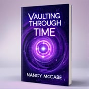 standing book mockup, Its title is "Vaulting Through Time". Its author name is Nancy McCabe.  The cover features an abstract representation of time using swirling purple patterns. In the center, there is a glowing time machine with futuristic elements. The patterns surrounding the time machine create a sense of mystery and excitement. The title "Vaulting Through Time" is written in bold, futuristic font, with a slight gradient effect. The author's name, Nancy McCabe, is written in a simpler font beneath the title., The title is placed at the top of the cover, slightly curved to follow the shape of the patterns. The author's name is centered at the bottom. The time machine is positioned in the center, slightly larger than the surrounding patterns.