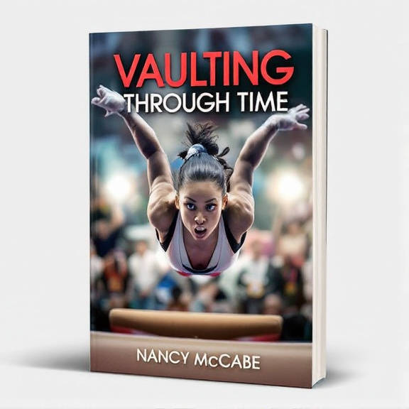 The cover features a close-up image of a determined gymnast in mid-air during a vault, with a focused expression on their face. The background subtly incorporates competition elements such as a vaulting horse and medals. The overall style is dynamic and energetic, capturing the intense nature of gymnastics.