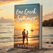standing book mockup, Its title is "One Greek Summer". Its author name is Kate Frost.  A picturesque beach scene during sunset, with golden hues dominating the sky and the reflection on the water. In the foreground, a couple stands at the shore, holding hands and gazing into each other's eyes. In the background, a sailing boat gracefully glides on the calm sea. The title "One Greek Summer" is placed elegantly at the top in a bold and flowing font, reminiscent of handwritten calligraphy. The author's name, "Kate Frost," is placed below the title in a more simple and modern font., The title and author's name are centered at the top, allowing the captivating beach scene to take center stage. The arrangement of the couple and the sailing boat creates a visual flow that leads the viewer's eyes from top to bottom.