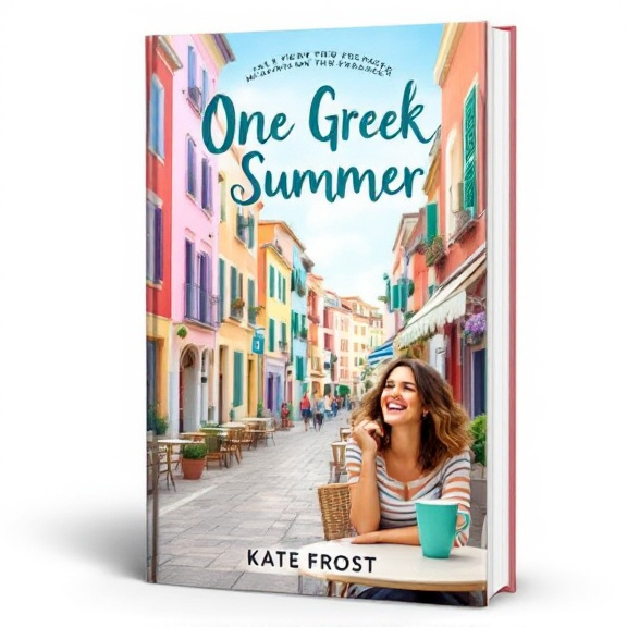 The cover features a vibrant city street scene with colorful buildings in the background. In the foreground, a cheerful woman is shown sitting at a cafe, laughing joyfully. She is holding a teal coffee cup, which adds a pop of color to the design.